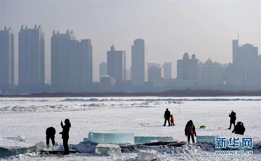 哈尔滨冰块与城市建筑相映成趣